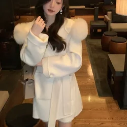 Double-faced Woolen Jacket Women's White Hooded Fur Overcoat with Belt Autumn Winter Woolen Coats Fashion Loose Cashmere Jackets