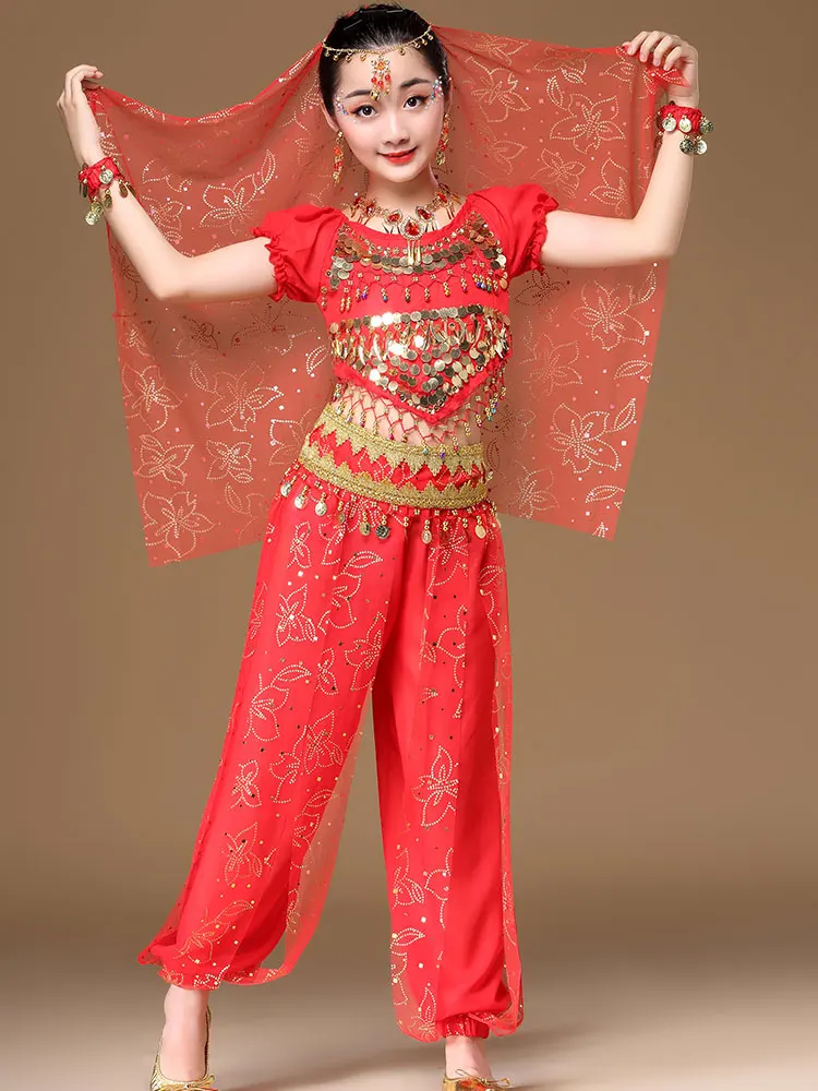 Girl Belly Dance Girls Bollywood Dance Costume Set Indian Sari Children Chiffon Outfit Halloween Top Belt Pant Veil Headpiece