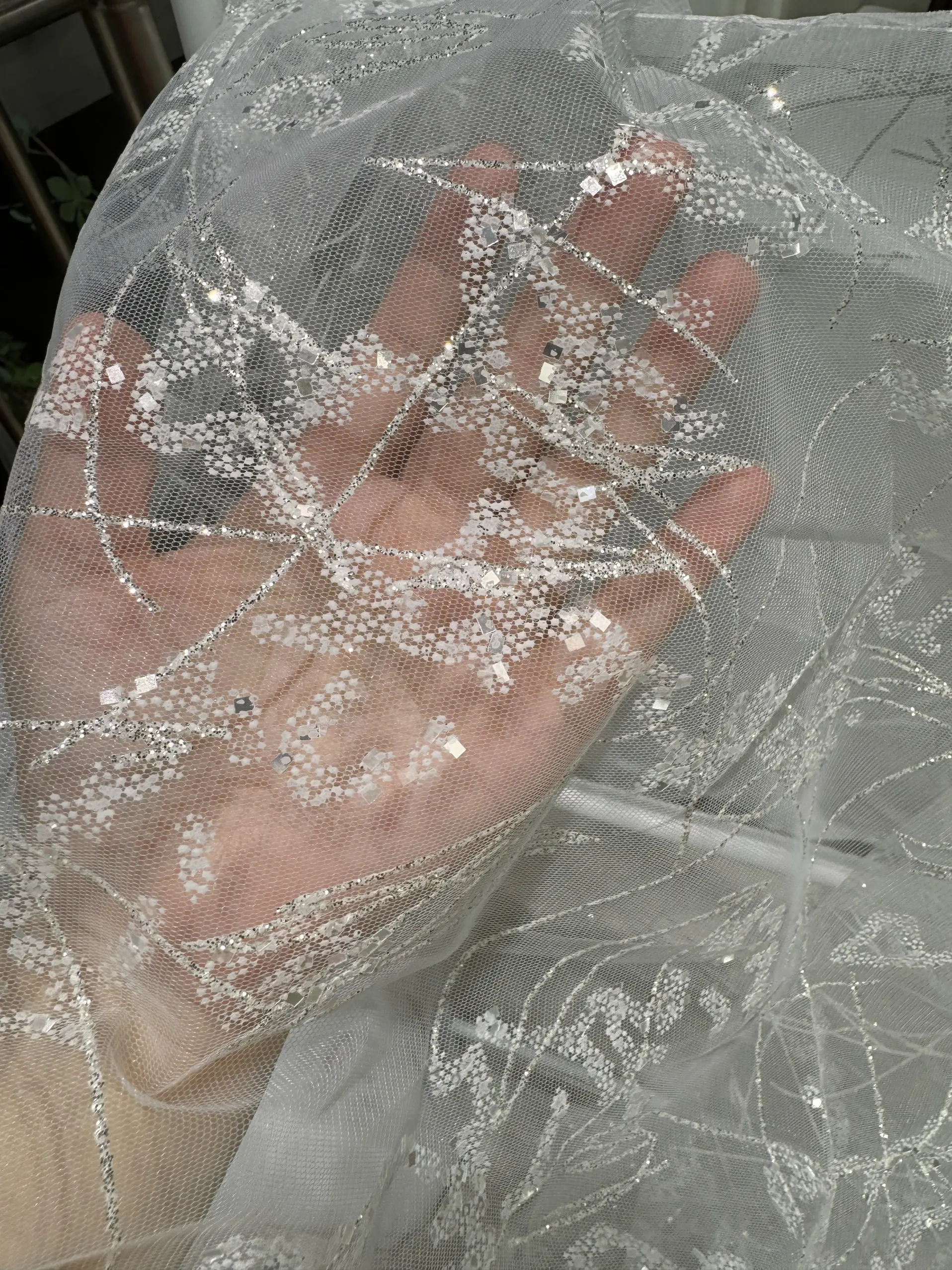 Irregular Transparent Sequins Shiny Powder Gauzy Gown Draping Fabric for Wedding Dress Cloth Fabric