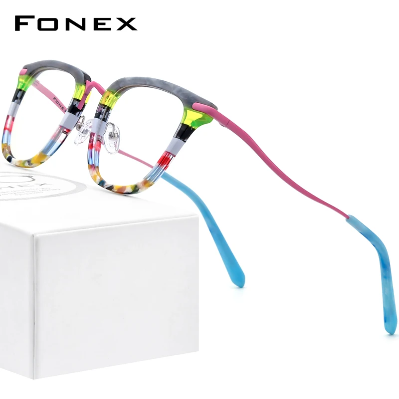 FONEX Colorful Acetate Titanium Glasses Frame Men 2024 New Square Eyeglasses Colorful Women Spectacles Eyewear F85793