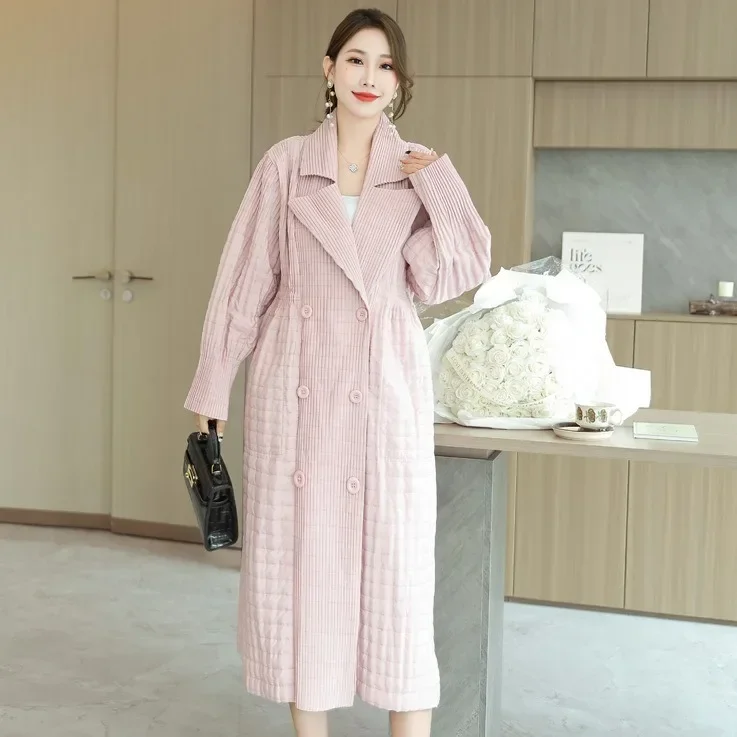 Pleated Winter Jacket Women Warm Loose Long Single-breasted Lapel Solid Color Design Cotton 2024 Fall New