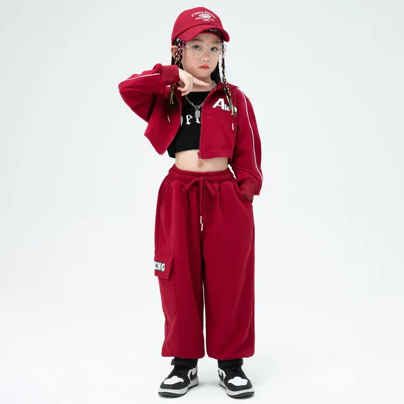 

Kids Hip Hop Street Dance Costume Wine Red Long Sleeve Top Loose Pants for Girls Clothes Teenage Group Jazz Show Stage Outfits