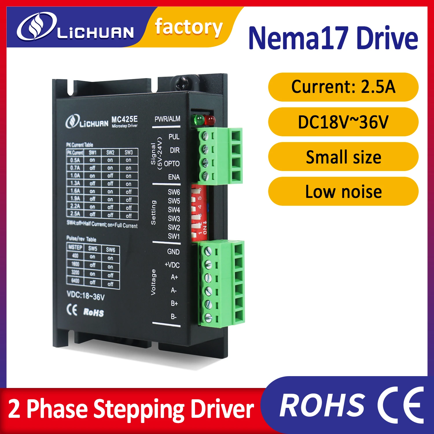 

Open loop Digital Stepper Driver MC425 2.5A 18-36VDC for Nema 8, 11, 14, 16, 17 Stepper Motor