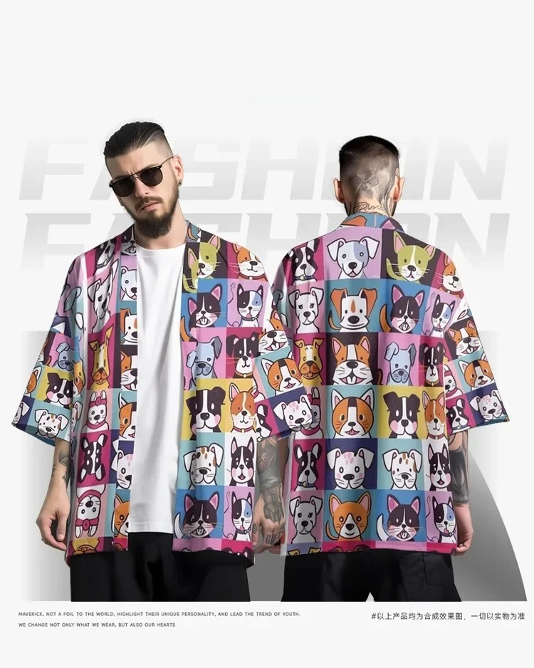 سترة هاوري كارتونية لطيفة على شكل كلب مطبوعة كيمونو ملابس الشارع للرجال والنساء ملابس يوكاتا للشاطئ على الطراز الياباني رداء أنيمي مقاس كبير #6