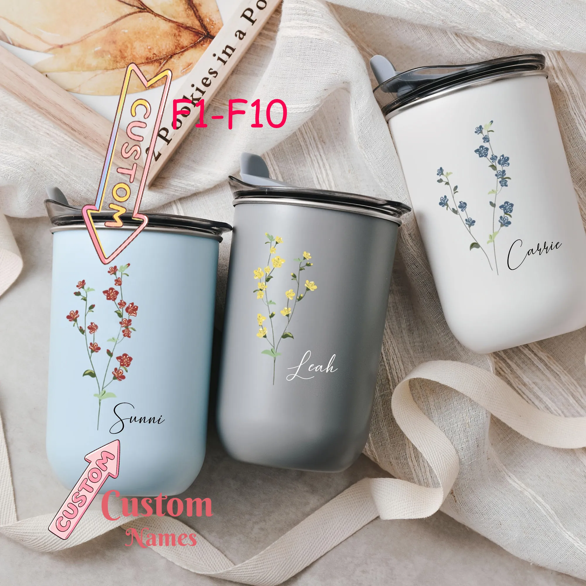Personalized Name Birth Flower Tumbler Stainless Steel Insulated Travel Mug Custom Gift For Friends Bridesmaid Female