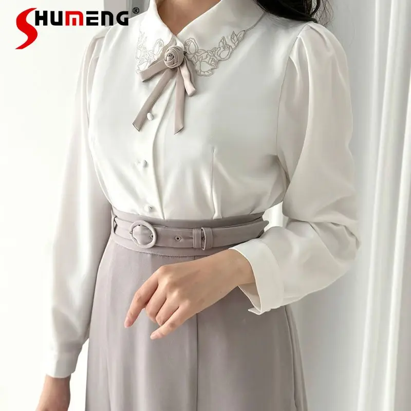 

Japanese Style Elegant Retro Embroidered Doll Collar Bow Long Sleeve Single-Breasted Loose Simple Shirt Blouse for Women Autumn