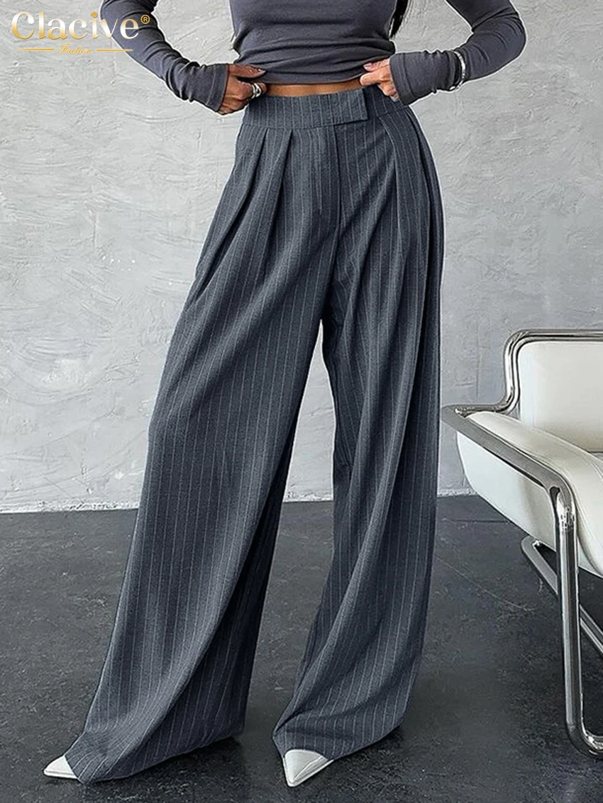 

Clacive Fashion Loose Stripe Women's Pants 2025 Vintage High Waist Full Length Trousers Elegant Classic Wide Leg Pants Female