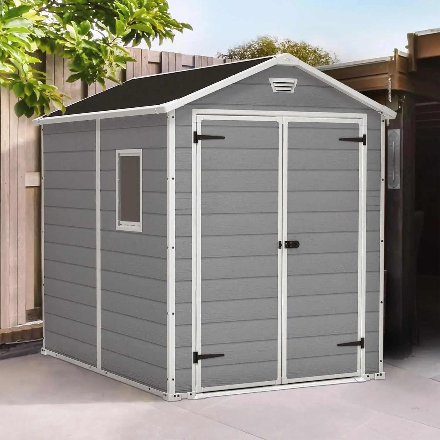 6x8 Ft All-Weather Heavy-Duty Resin Outdoor Storage Shed with Double Lockable Doors Floor Panel Built-in Ventilation, Light Grey