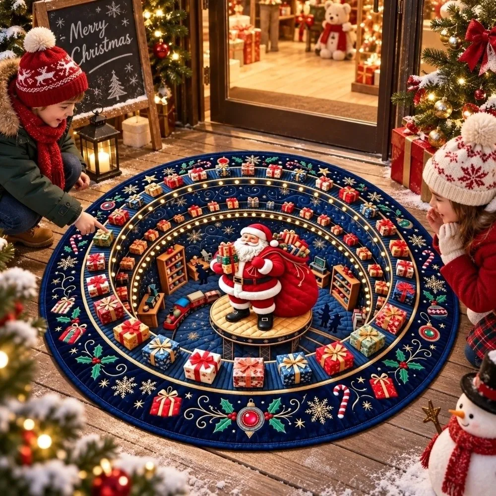 Stain Resistant 3D Illusion Rug Wear Resistant Flat Print Christmas Round Carpet Circular Shape Non Slip Festive Area Mat