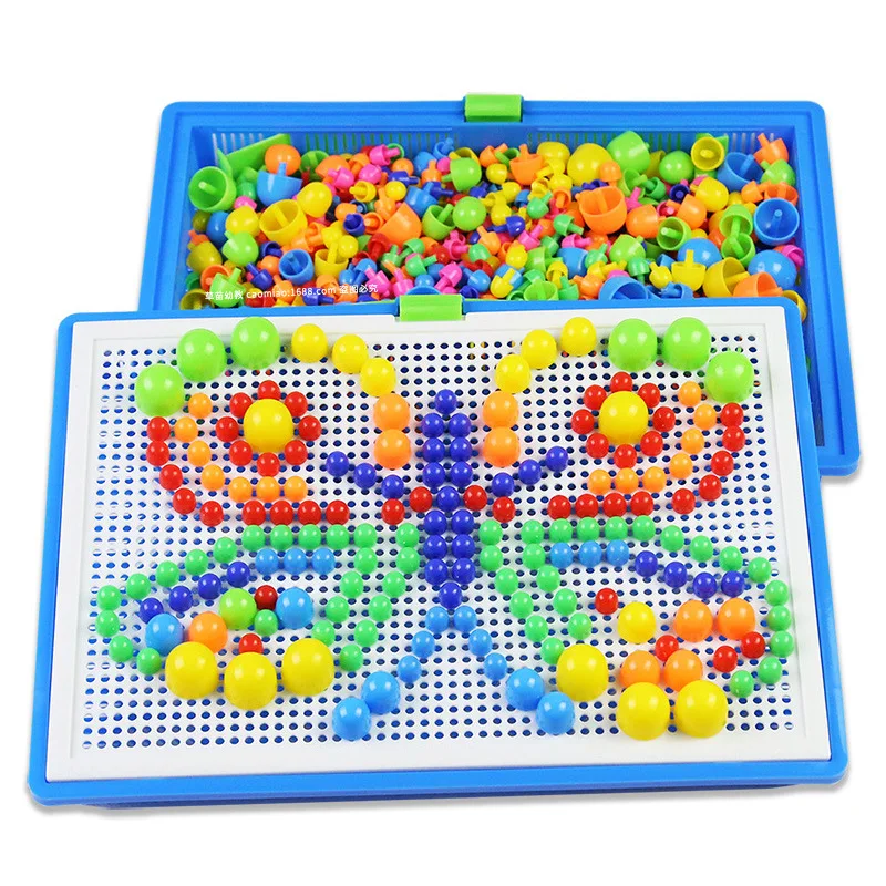 

296 Pieces/Set Box-packed Grain Mushroom Nail Beads Intelligent 3D Puzzle Games Jigsaw Board for Kids Educational Toys