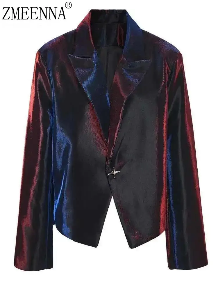 

ZMEENNA 2025 Cropped Velvet Jacket Shimmering Metallic Blue Red Blazer Unique Single Clasp Closure Party Prom ZM3176