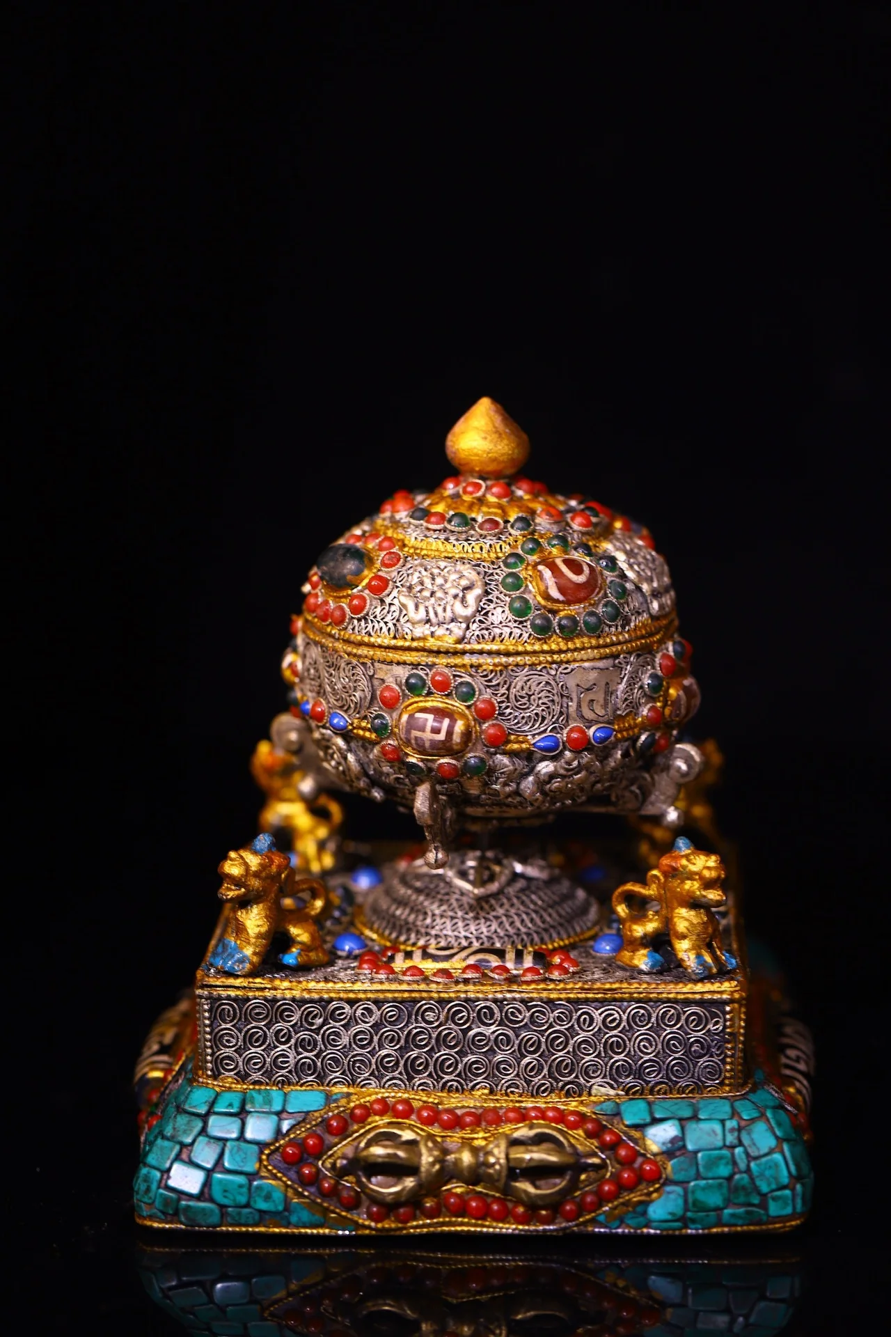 Tibetan Silver Filigree Mosaic Gem gZi Beads Turquoise  Lion Statue  Prayer  wheel Old scriptures