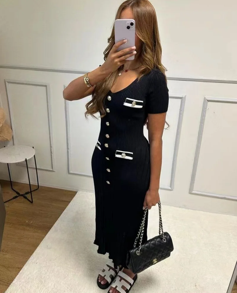 Eleganckie, dzianinowe sukienki maxi Bodycon z krótkim rękawem, falbankami, jednorzędowe, 2025, nowa sukienka Casual Communte Streetwear Vestidos