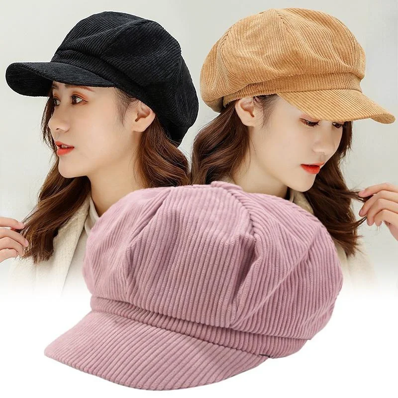 Korean Version Solid Color Women Beret Spring Autumn Newsboy Hat Vintage Corduroy Cap Painter Hat