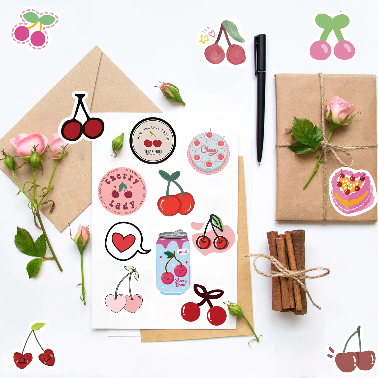 90PCS Sticker Jiuxin Cherry Print Notebook Suitcase PET Fridge Laptop Luggage Car Guitar Computer Graffiti Phone Waterproof
