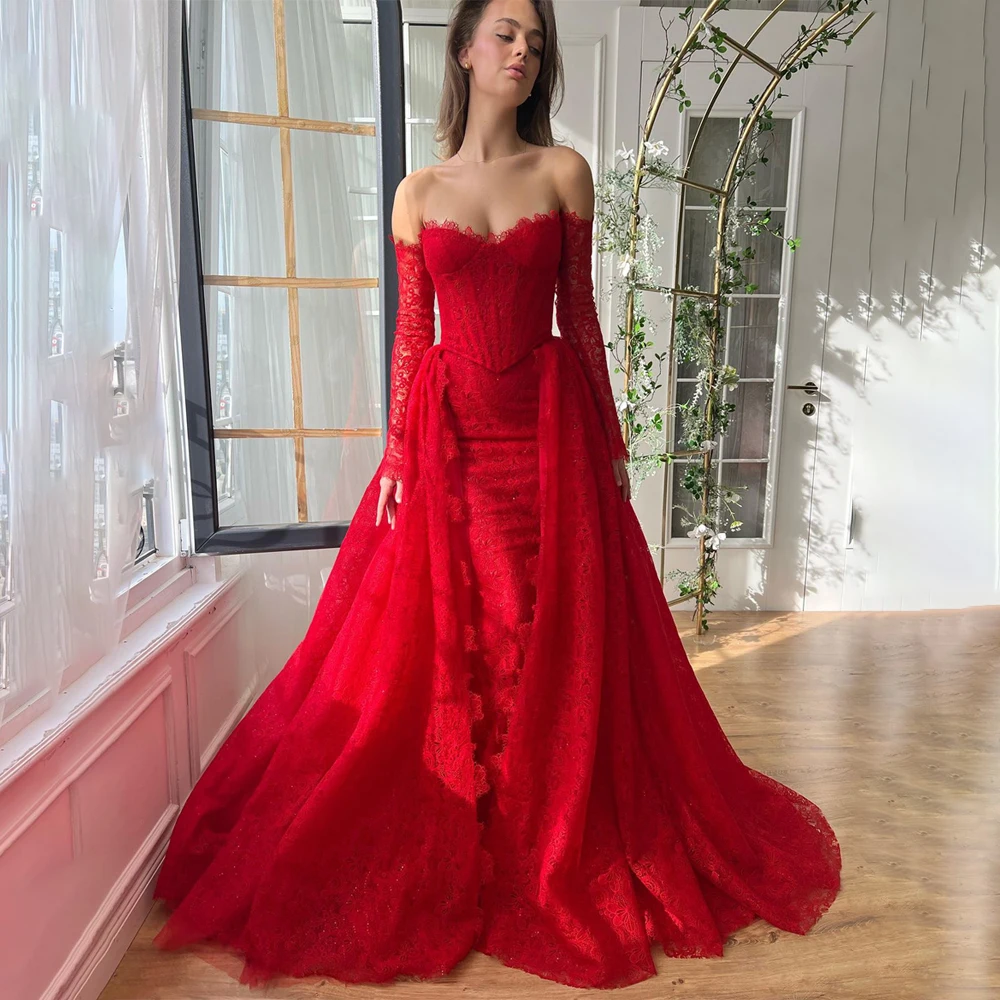 Sexy 3/4 Sleeves Full Lace Red Mermaid Wedding Dress Removable Long Train Custom Made Bridal Dress Vestido De Novial 2026