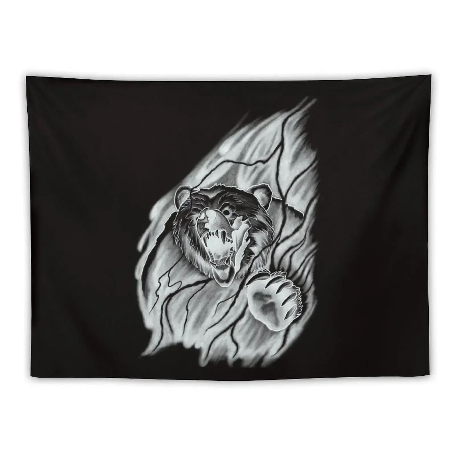 Roaring Bear breaking through the Mist in a Lightning Storm Tattoo Design Tapestry Wall Mural Decoration Aesthetic Tapestry