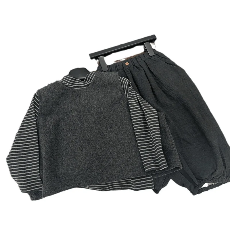 Childrens Set Autumn New Girls Fashionable Woolen Vest Striped T-shirt Casual Ankle Pants Three Piece Set Kids Clothes image 5