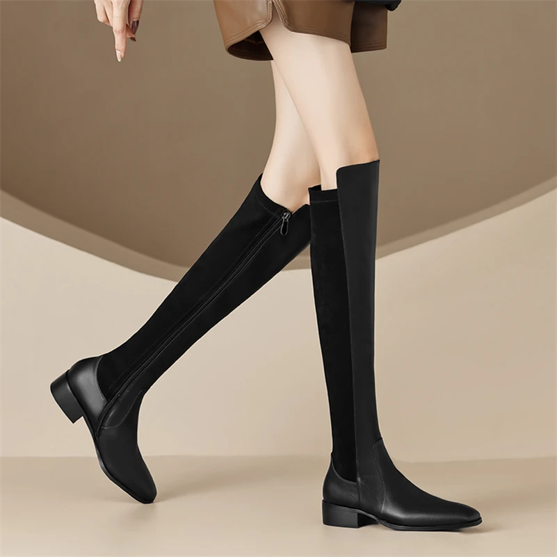 Meotina Women Genuine Leather Knee High Boots Square Toe Flats Zipper Long Boots Ladies Fashion Shoes Autumn Winter Black 40