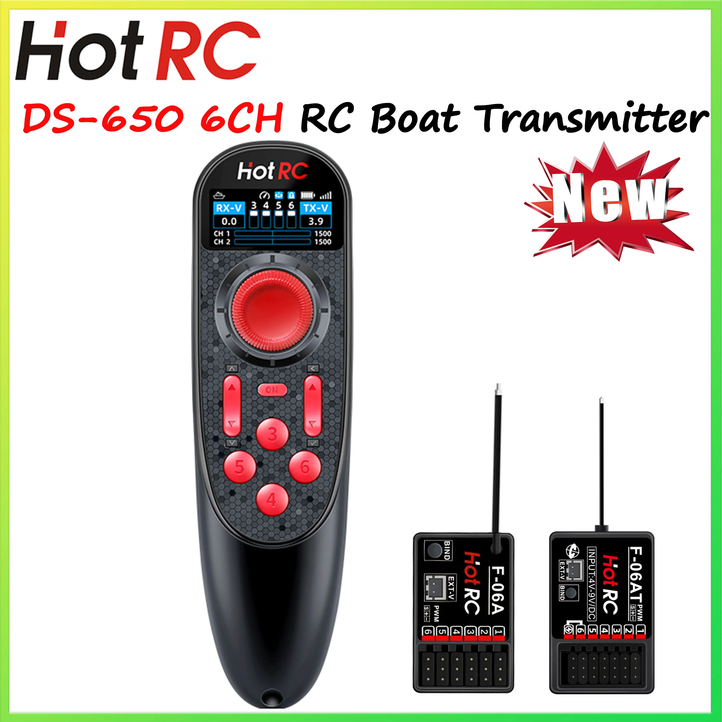 

NEW HOTRC DS-650 6CH 2.4G Radio System Transmitter Color Screen Remote Controller F-06A Receiver DS600 Upgrade for RC Boat Model