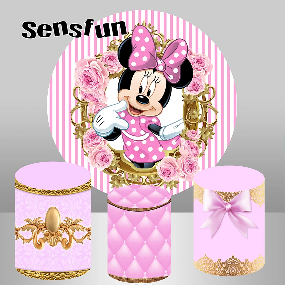 Minnie capa redonda para meninas, lindas flores rosa, chuveiro de bebê, fundo de festa de aniversário, capas plinth, moldura dourada