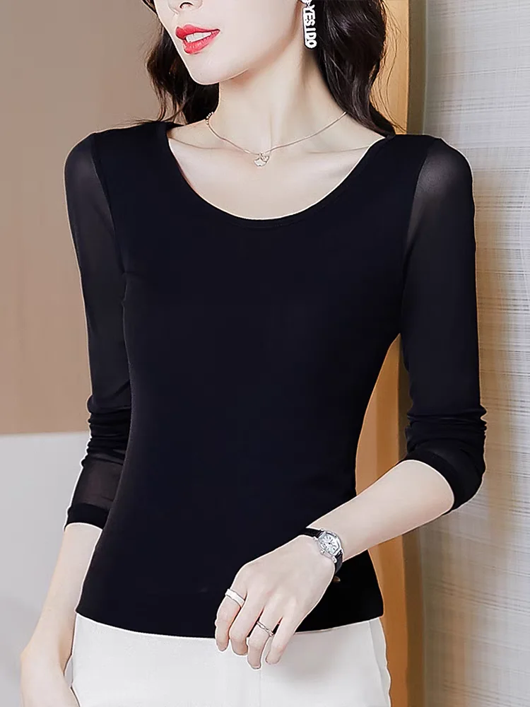 Women Long Sleeve T-Shirts 8 Colors Size M-3XL Mesh Basic Tees Female Bottoming Full Sleeve O-neck T shirt Tops