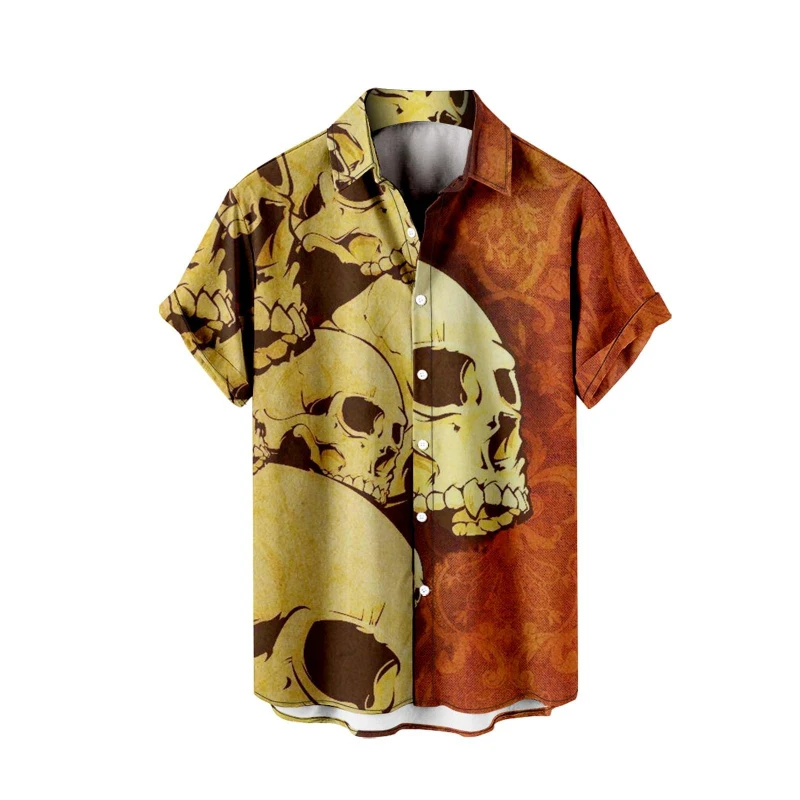 

Halloween Shirts For Men 2025 Skeleton Skull Print Costumes Short Sleeve Button Down Shirt Tops Horror Men T-Shirts Dropshipping