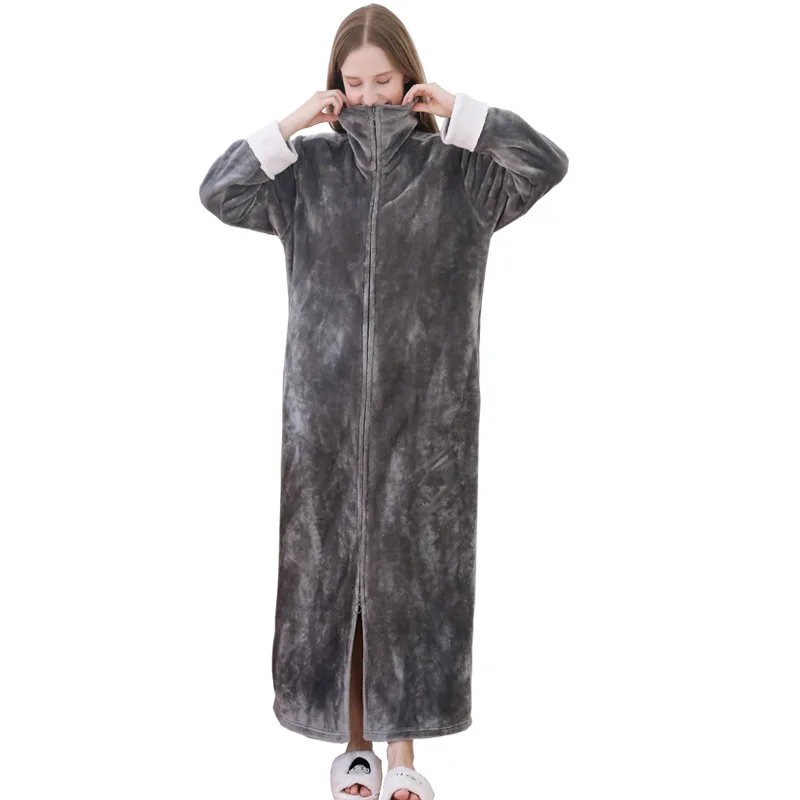 Winter Flannel Women Long Robe with Zipper Pocket Thickened Warm Sleepwear Nightgown Lover Nightwear Loose Coral Fleece Homewear