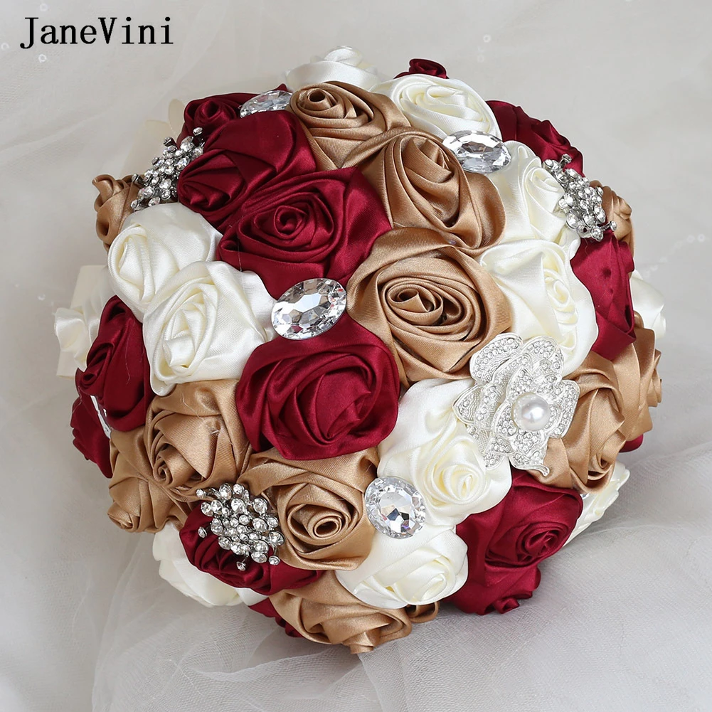 JaneVini Silver Crystal Brooch Bridal Bouquets European Dark Red khaki Wedding Flowers Satin Roses Artificial Bridesmaid Bouquet