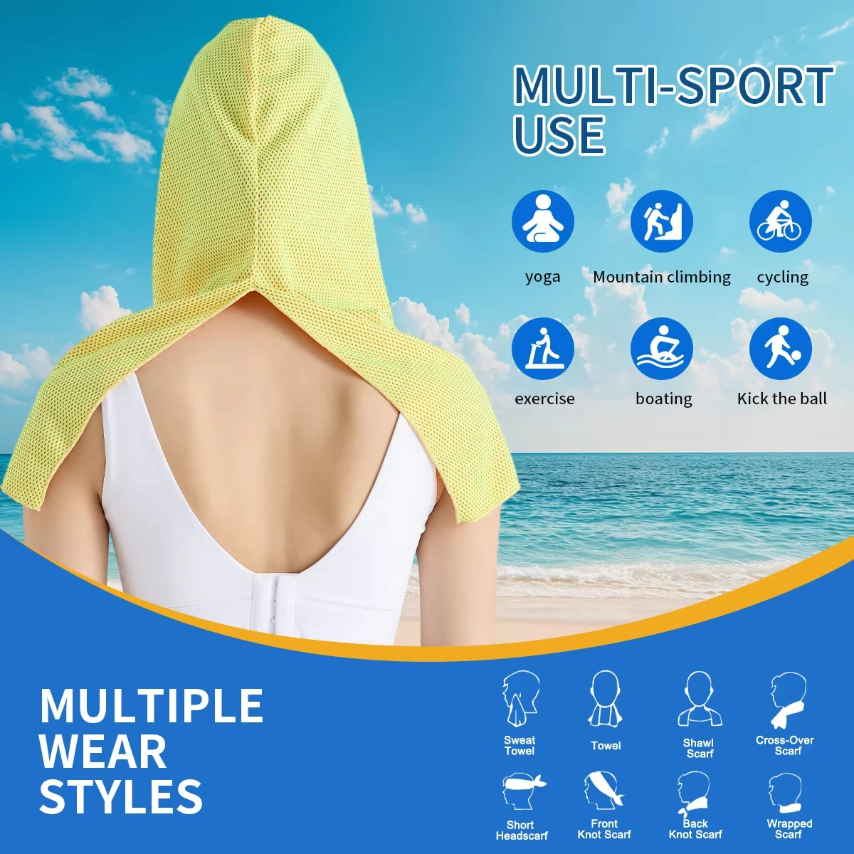 Cooling Hoodie Towel- Hood Towel, Evaporative Cool Technology, Cools Instantly When Wet,  Great for Sports, Fitness, Gym