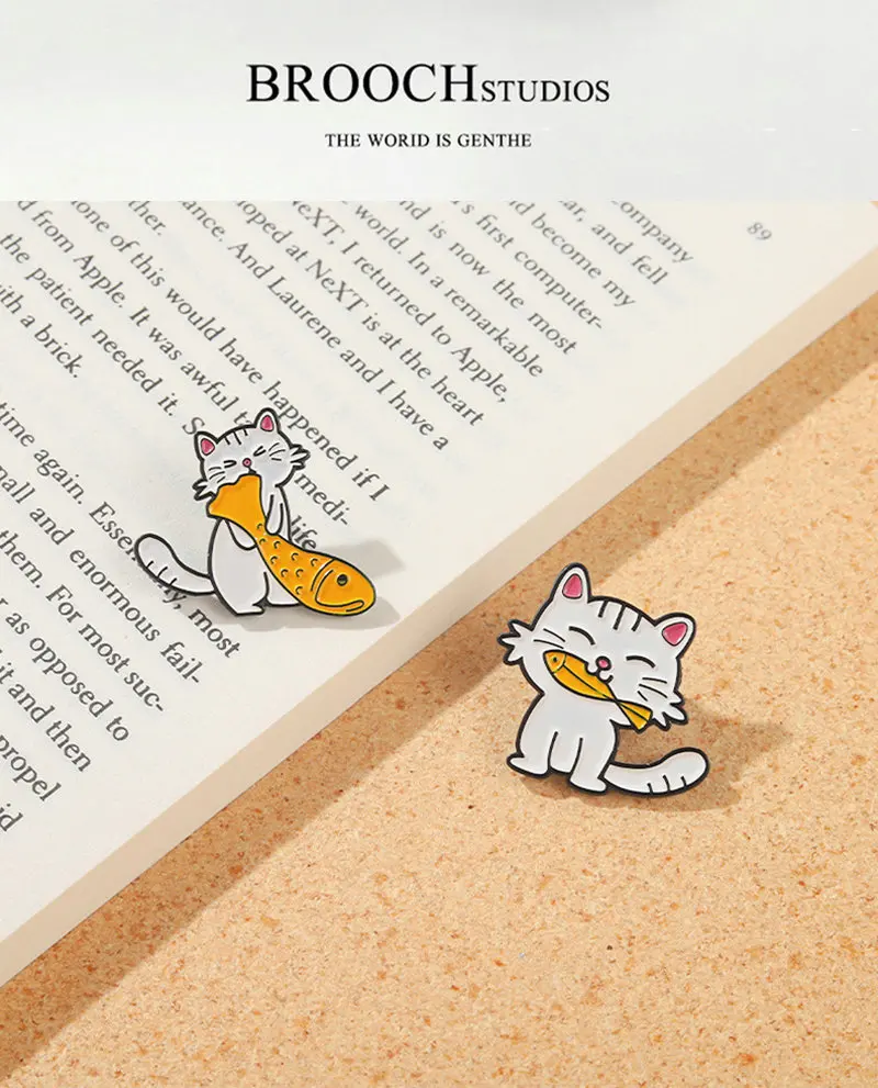 Enamel Pins Custom Cute Cats Greedy Fish White Series Brooch Lapel Badge Bag Cartoon Jewelry Gift for Kid Friend Fish and Cat