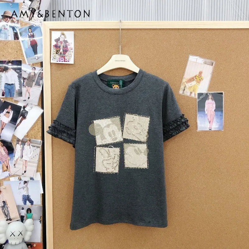 

New Kawaii Crew Neck Short Sleeved T-shirt Trendy Brand Fashion Heavy Rhinestone Cartoon Pattern Lace Half Sleeves Top Tshirts
