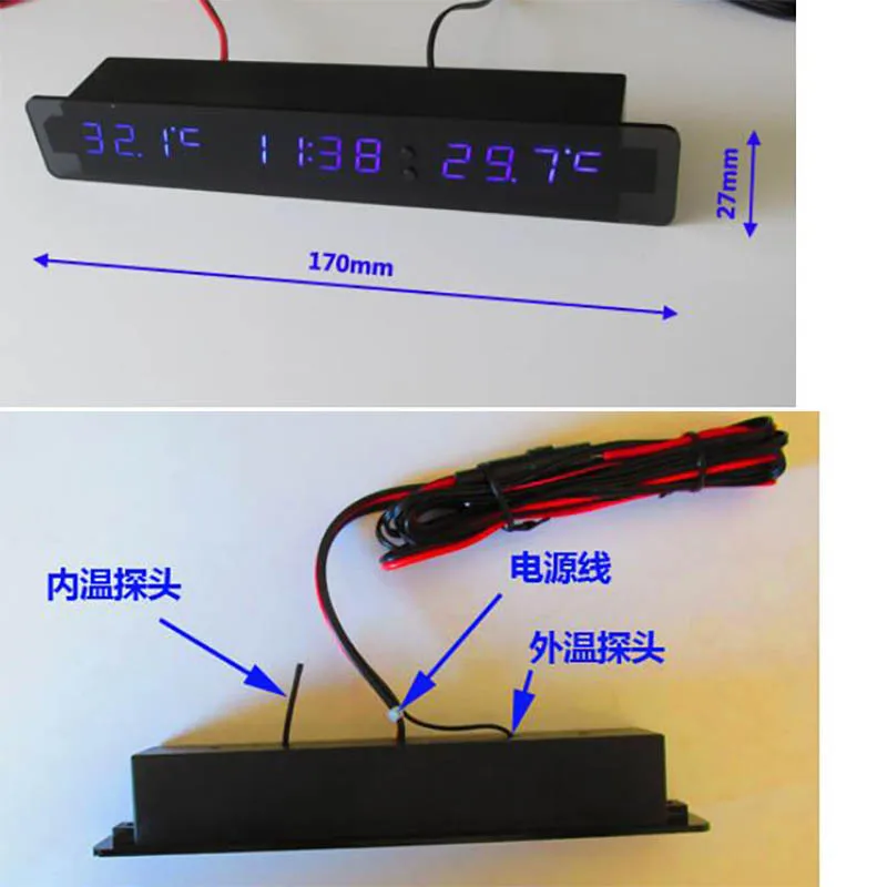 3in1 Voltmeter + Thermometer+ Clock DC 12v Car Monitor Digital LED Voltage Time Temp Indoor/Outdoor Temperature Meter