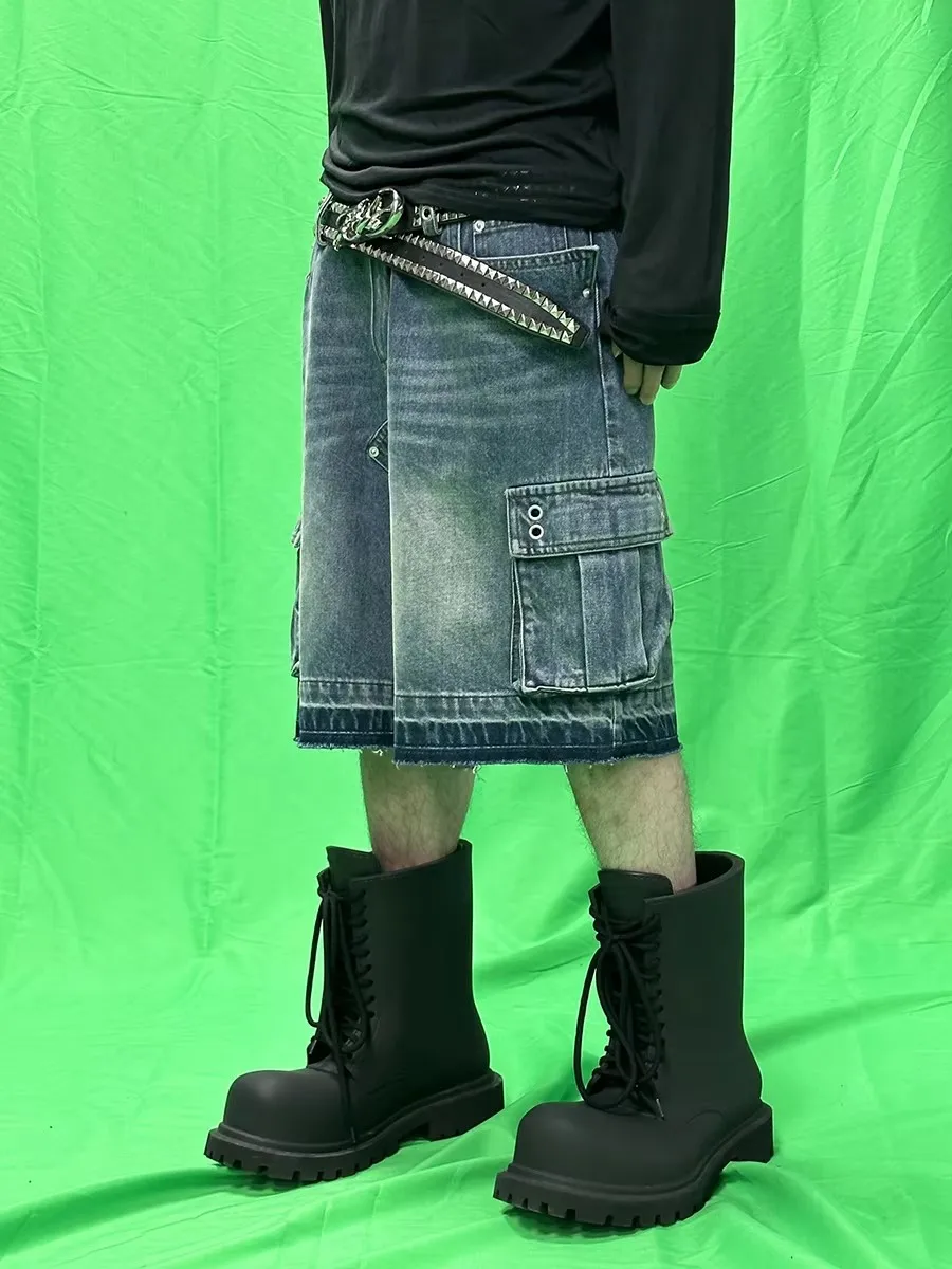 REDDACHIC الرجال جيوب كبيرة شعيرات واسعة الدنيم السراويل تفعل الثقوب المتوترة القديمة ديكور الركبة طويلة السراويل البضائع غير رسمية خمر الشارع الشهير