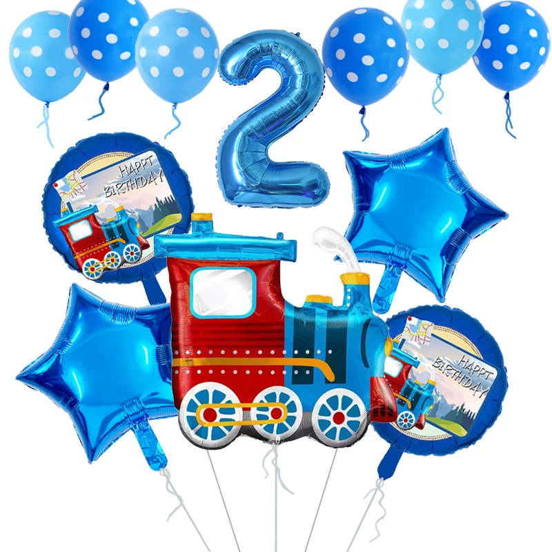 11pcs Train Traffic Foil Balloons Blue Steam Train Star Helium Ballon Kids Baby Shower 1-9 Year Birthday Party Decoration Globos