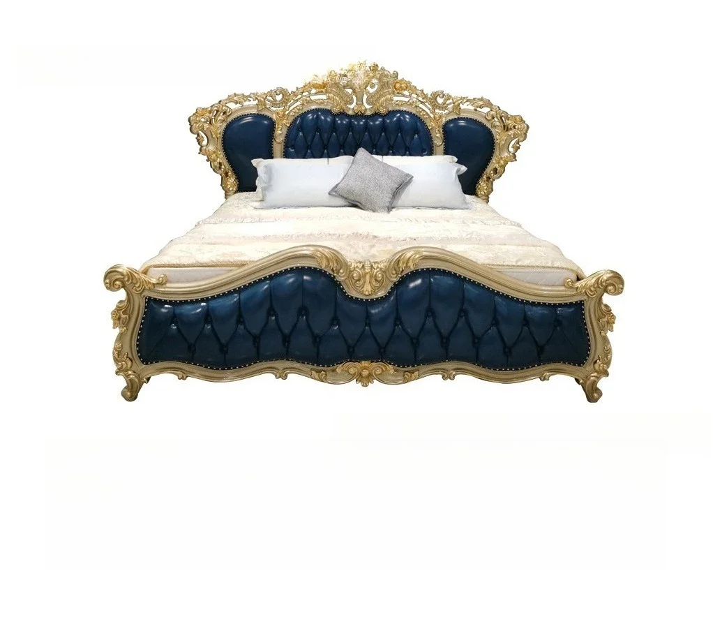 

European leather bed, master bedroom luxury aristocratic double bed, full solid wood carving flower first layer cowhide