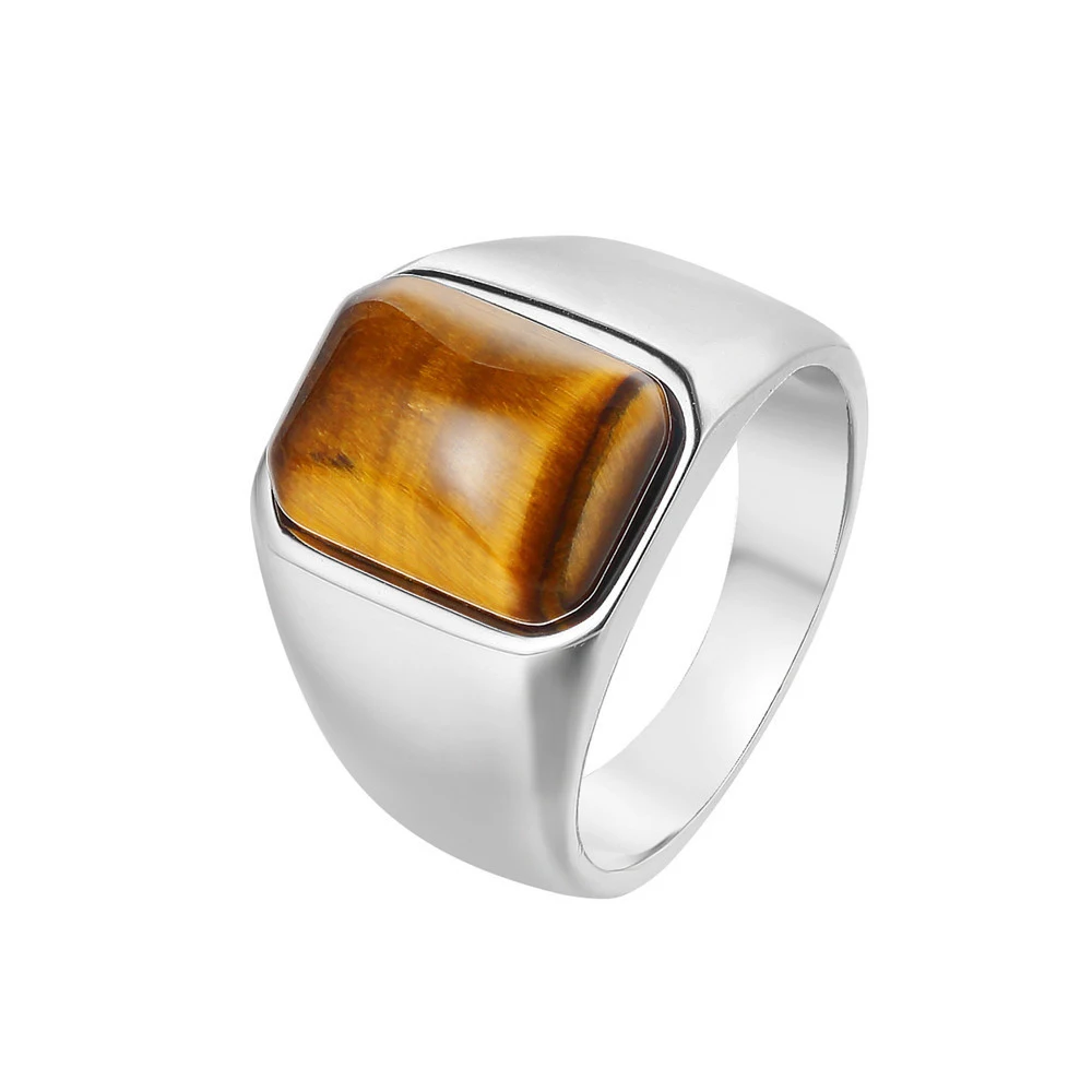 Never Fade Punk Rock Titanium Steel Tiger Eye Stone Finger Ring for Men Jewelry Drop Shipping Size 7-12