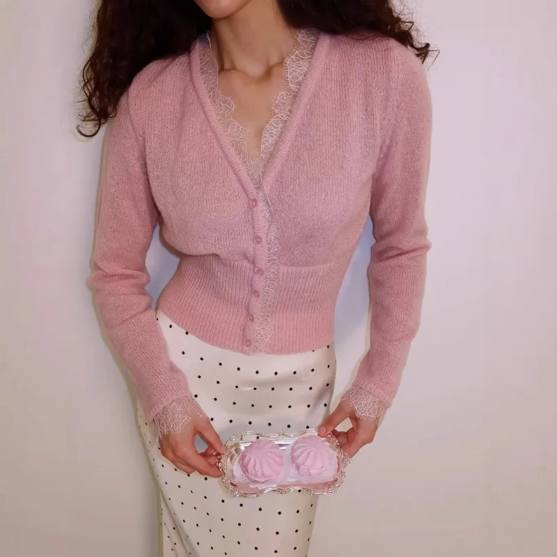 Tuularose Women's Lace Cardigan Fashion V-neck Lace Patchwork Knit Sweaters Elegant Solid Casual Spring Autumn Female Jumpers