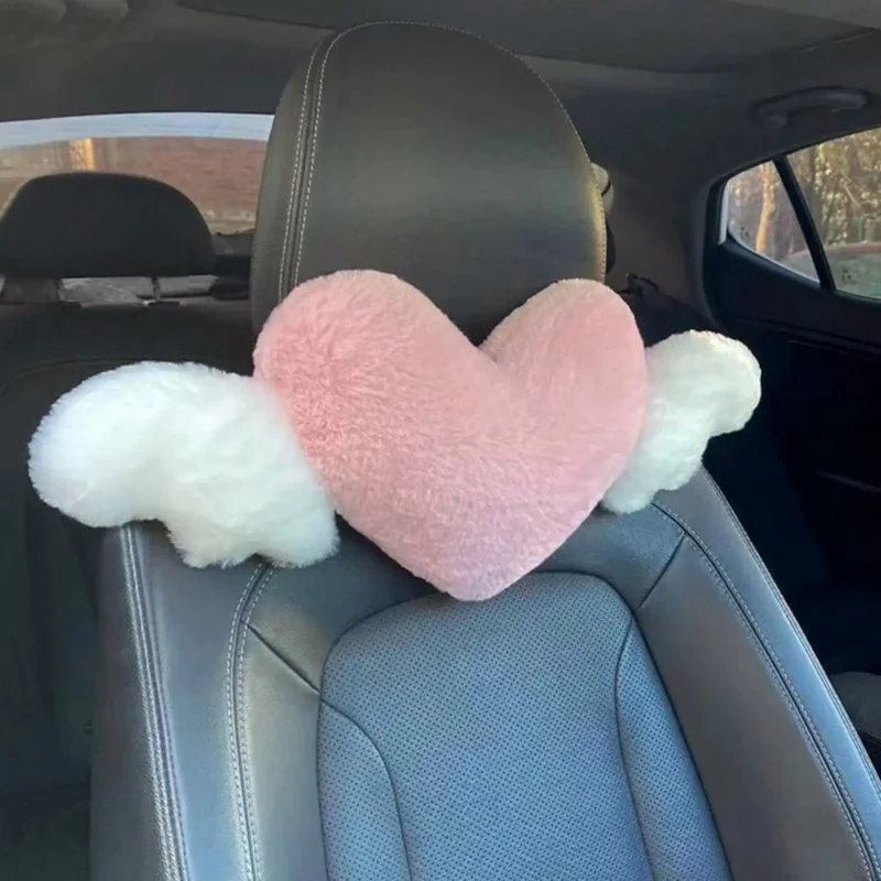 1PC Car Universal Girl Heart Shaped Headrest Plush Love Neck Pillow Seat Lumbar Support Accessories Back Cushion Pink Wings