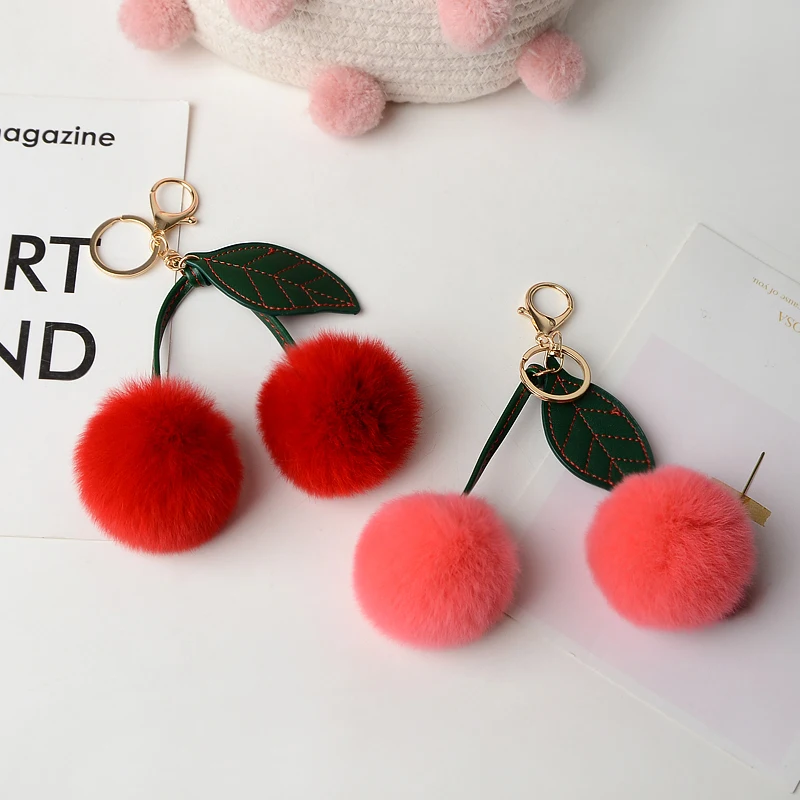 New Plush Pendant Otter Rabbit Hair Cherry Multi-color Car Keychain Cute Pompom Doll Bag Hanging Key Chains