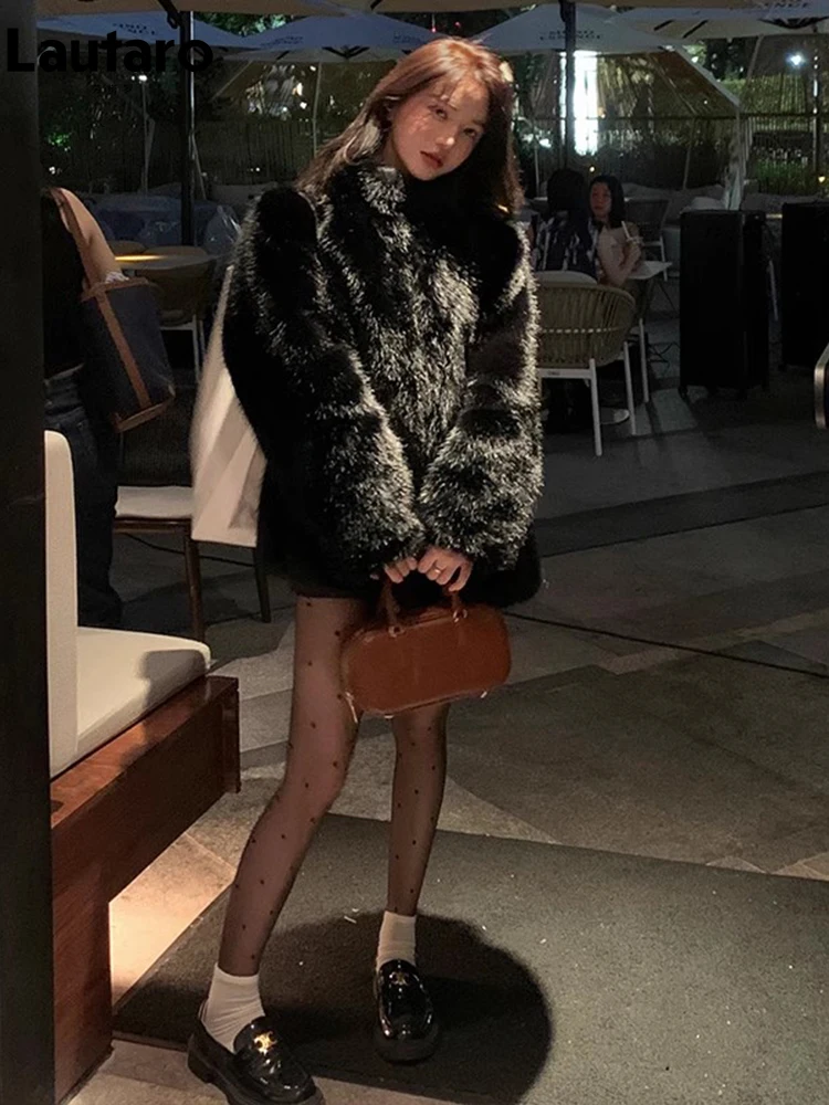 Lautaro Autumn Winter Black Soft Thick Warm Hairy Shaggy Faux Fox Fur Coat Women Stand Collar Long Sleeve Fluffy Jacket 2023