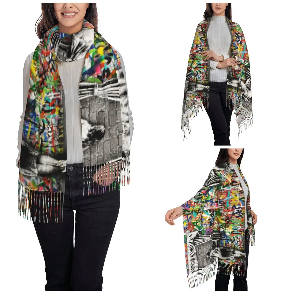 Women's Tassel Scarf Banksy Street Graffiti Art Large Winter Warm Shawl Wrap Spray Paint Social Commentary Gift Pashmina Scarves