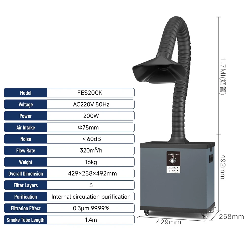 KNOKOO FES200K High Power Solder Smoke Extractor For Factory Use With Multi Layer Filters High Airflow And Flexible Arms