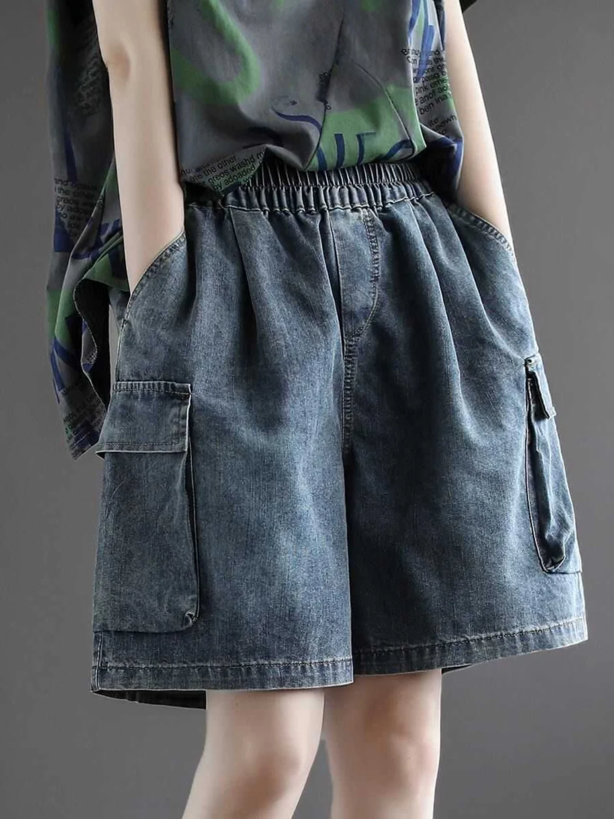 High Waist Loose Fit Denim Shorts Women's Summer Casual Wear Big Size with Pockets Wide Leg Five-Point Pants