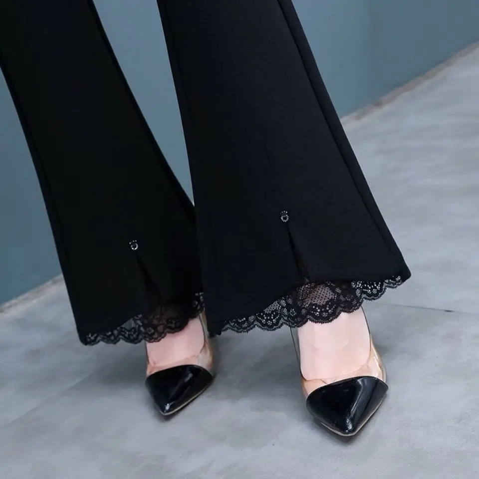 Spring Autumn Commute Elastic High Waist Solid Color Flare Pants Fashion Women\'s Clothing Korean Lace Spliced Casual Trousers