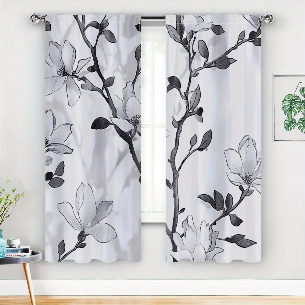 2D Flat, 35x90in*2pcs 2pcs Classic Blackout Curtains, Polyester Plant Design Drapes for Bedroom & Living Room, Thermal Insulated