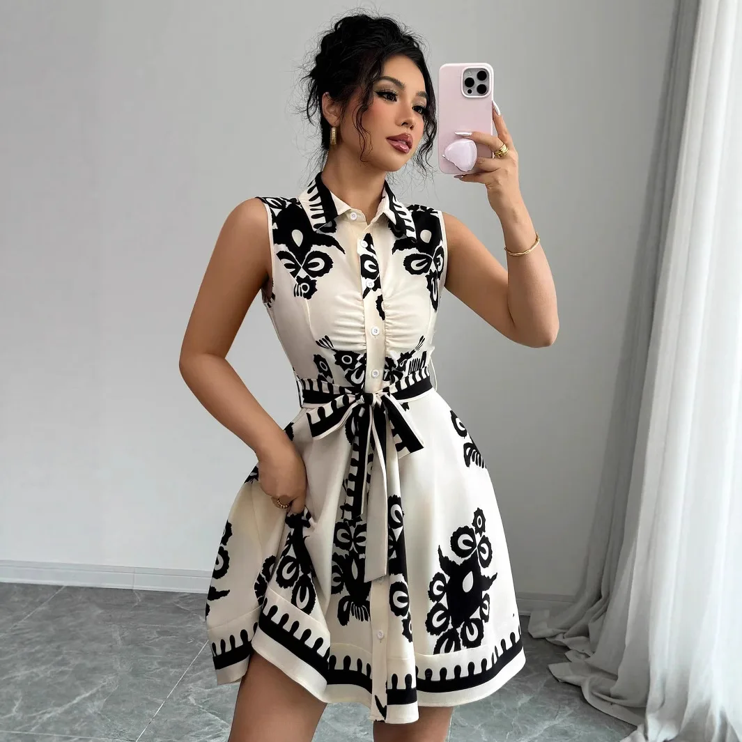 Women's Summer Spring Sleeveless Print Dress Tie Waist Casual Dresses Jumpsuit Playsuit