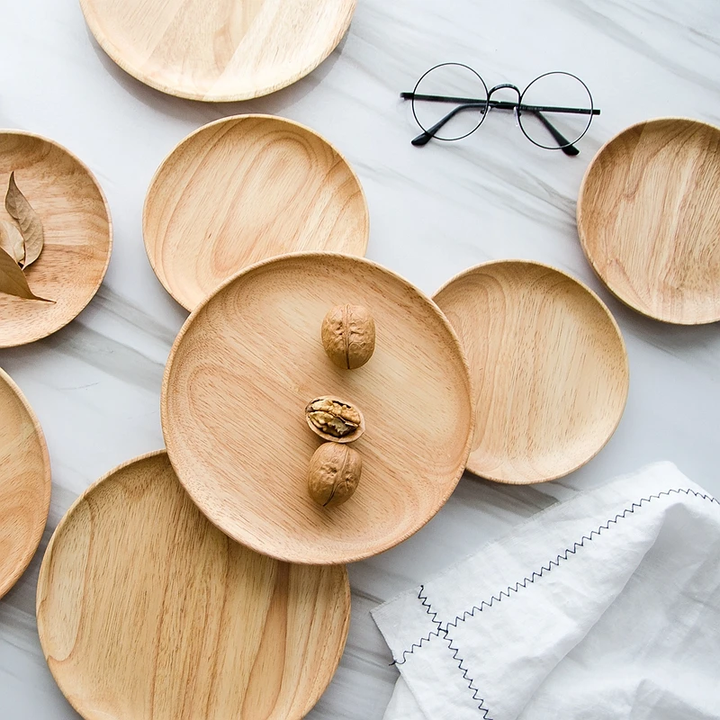 Assiette de service en bois massif, ensemble d'assiettes à gâteau, à Dessert, à collation, à fruits, à Sushi, ustensiles de cuisine Dia 15cm 20cm