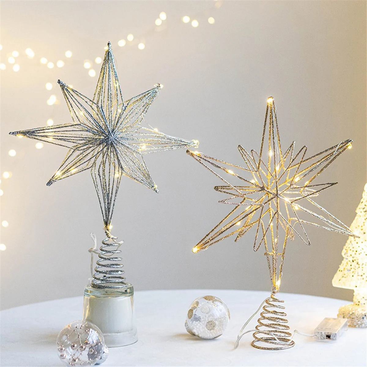 Toppers de sapin de Noël en forme d'étoile, lampe à LED, décorations de Noël pour la maison, lecture d'ornements, étoile pointue, lumière d'arbre, argent