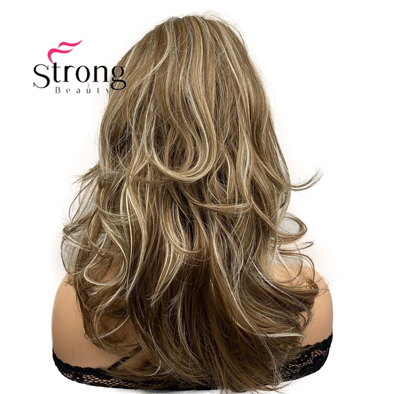 StrongBeauty Long Wavy Brown Blonde, Side Part, Heat Ok Full Synthetic Wig